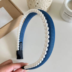 Classic Pearl Denim Headband - Preppy Hair Band