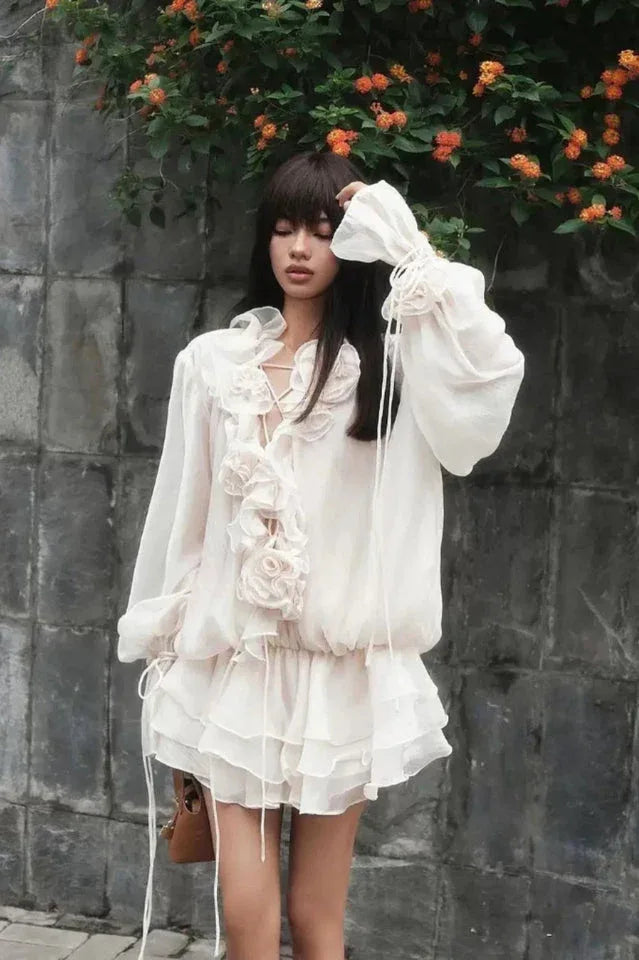 Puff Sleeve Tiered Mini Dress - View 6 | TEVQA