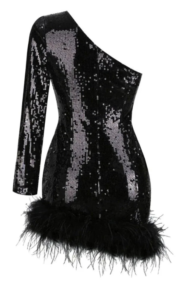 Romy One Shoulder Sequin Feather Mini Dress - View 11 | TEVQA