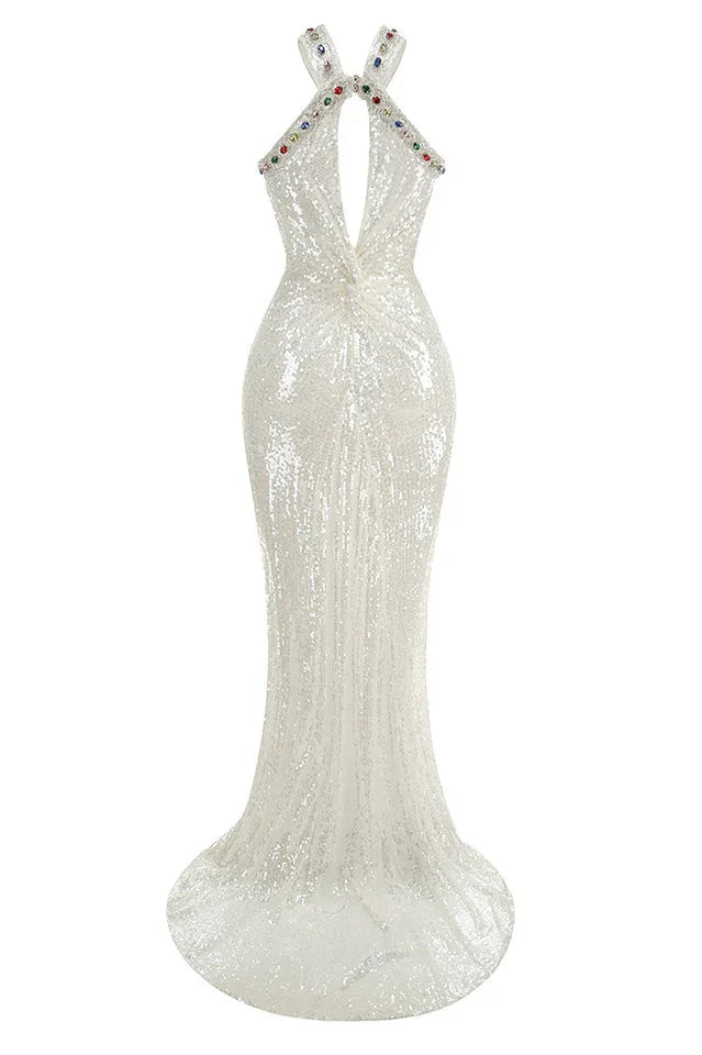 White sequin maxi dress with halter neckline - View 8 | TEVQA