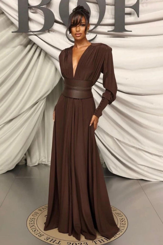 Rosey Tan Maxi Dress With Waist Belt | Dress In Beauty