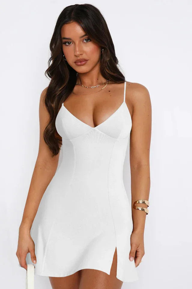 Fitted V-neck mini dress with spaghetti straps - View 10 | TEVQA