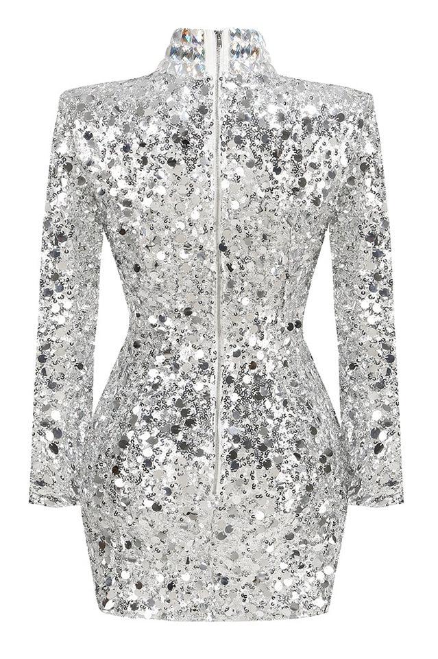 Silver sequin mini dress with high neckline and long sleeves - View 6 | TEVQA