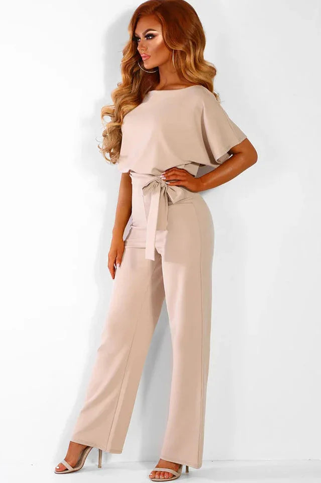 Wide leg jumpsuit with tie waist and boat neckline - View 8 | TEVQA