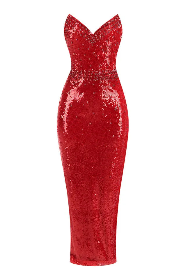 Front view of a red sequined strapless evening gown with a sweetheart neckline and a fitted column silhouette.