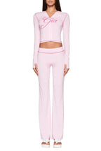 Fitted knit hoodie and trackpant set with V-neckline and thumbholes - View 7 | TEVQA