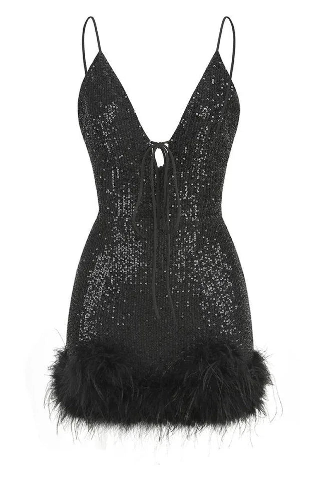 Mini Sequin Dress With Feather Trim - TEVQA