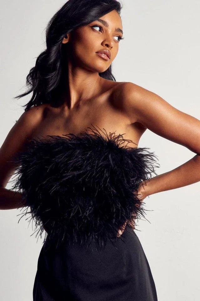 Feather Trim Mini Dress - View 8 | TEVQA