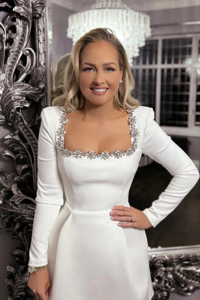 White crepe mini dress with embellished square neckline and long sleeves - View 9 | TEVQA