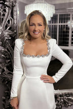 White crepe mini dress with embellished square neckline and long sleeves - View 9 | TEVQA