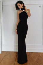Floor length halter dress with gold trim - View 8 | TEVQA