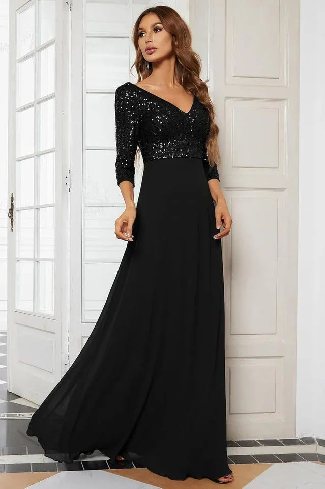 Sequined V-Neck Evening Gown - View 12 | TEVQA
