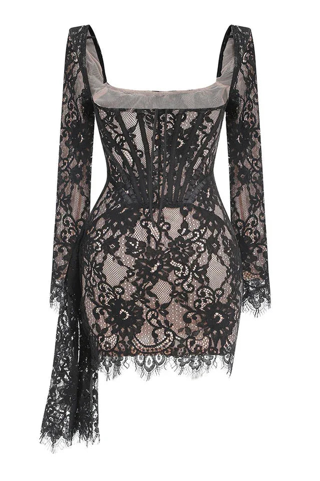 Lace Mini Dress with Square Neckline - View 8 | TEVQA