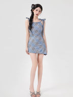 Light Blue Plaid Tie-Shoulder Swim Dress