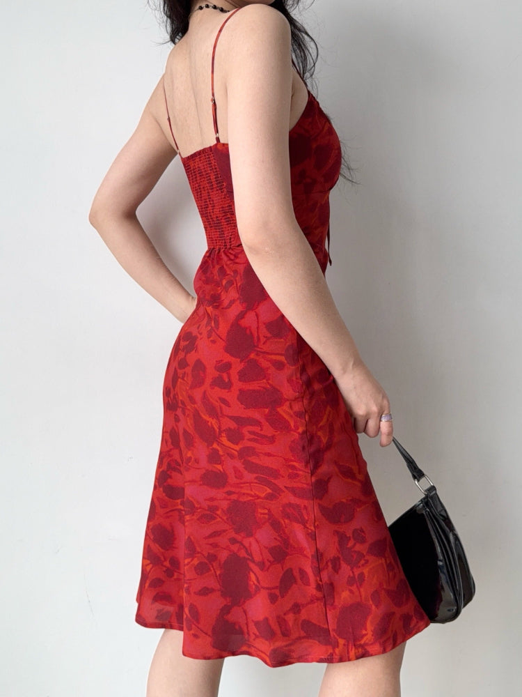 Back view of a red floral print midi dress showing the smocked back panel.