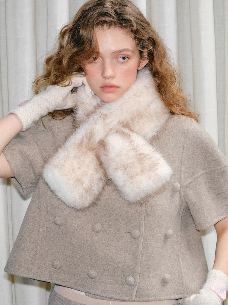 Faux Mink Fur Cross Scarf Tipped Plush Winter Collar