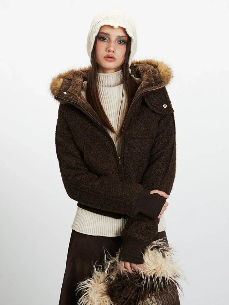Vintage Chocolate Textured Bomber Jacket - TEVQA