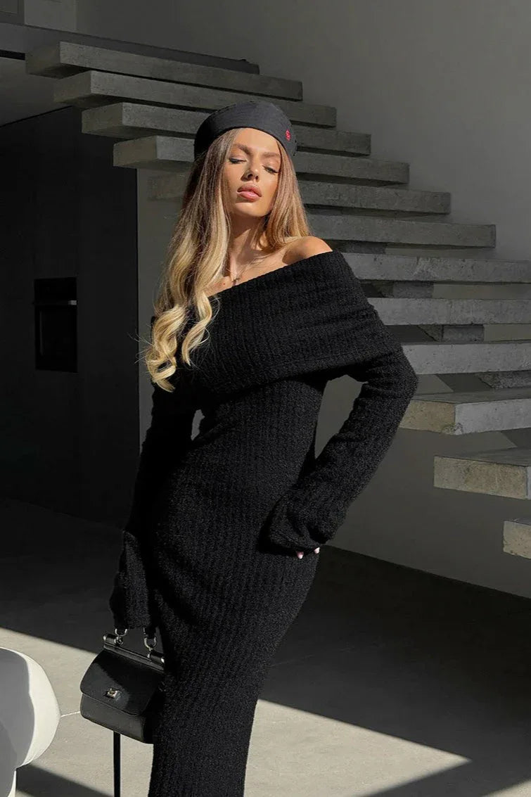 Cream fuzzy off-shoulder knit maxi dress - View 7 | TEVQA