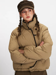 Textured Stand Collar Cropped Puffer Jacket - TEVQA