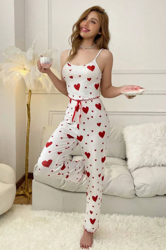 White Ribbed Knit Pajama Set with Red Heart Print, Cami Top & Long Pants - Cute Sleepwear