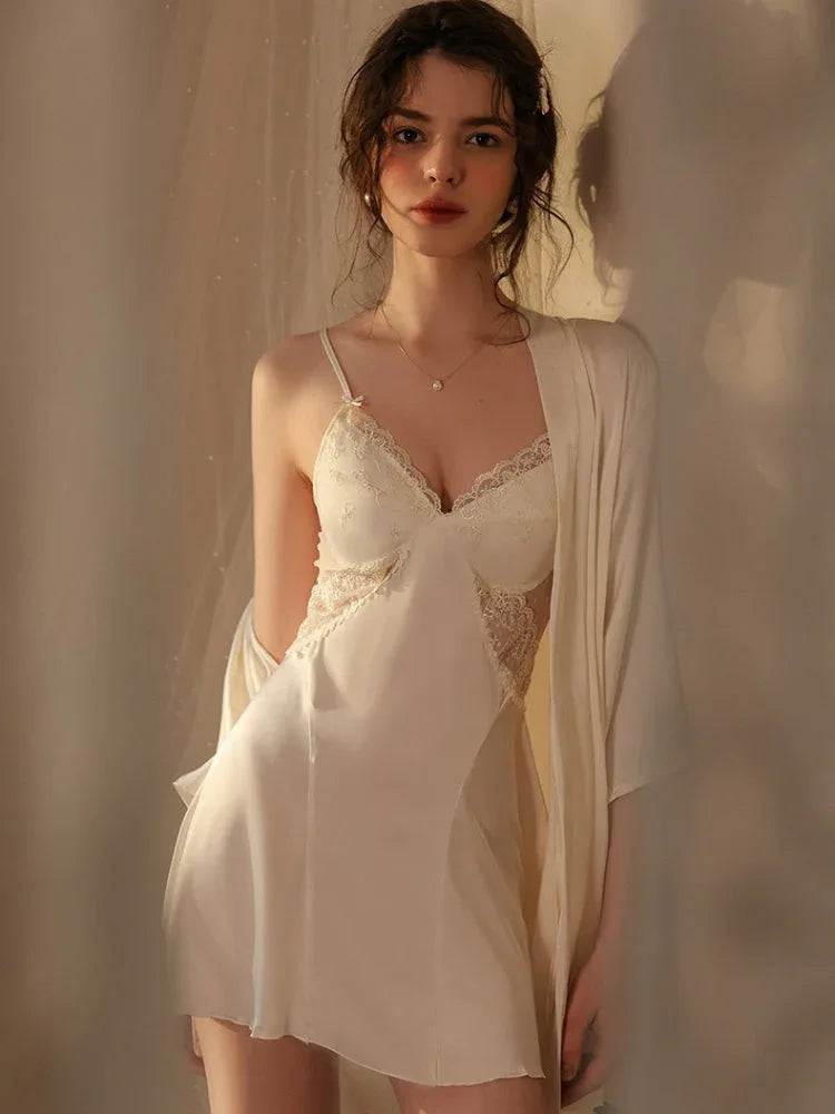 French Princess | Dot Mesh & Lace Satin Robe Set - TEVQA