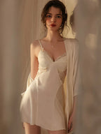 French Princess | Dot Mesh & Lace Satin Robe Set - TEVQA
