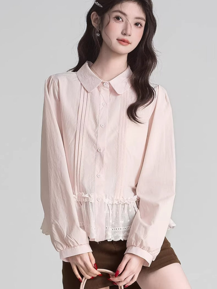 Light pink cotton blend blouse with Peter Pan collar and lace hem - View 6 | TEVQA