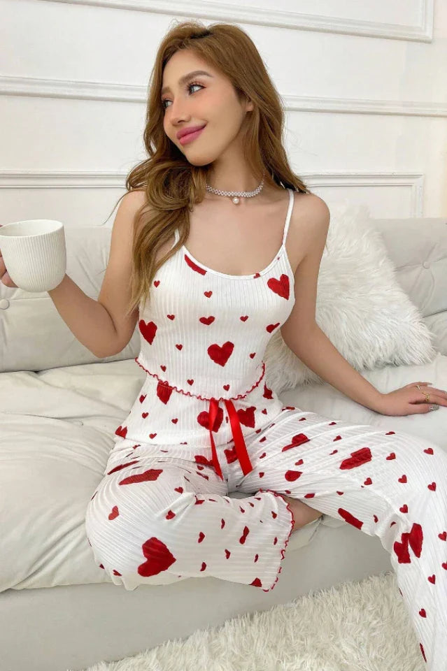 White Ribbed Knit Pajama Set with Red Heart Print, Cami Top & Long Pants - Cute Sleepwear