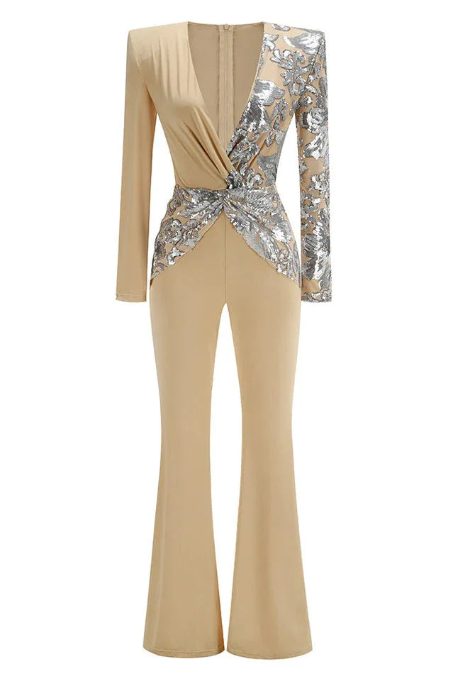 Sequin long sleeve jumpsuit with flared legs - View 8 | TEVQA