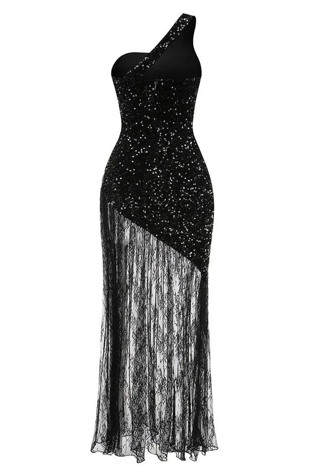 One Shoulder Sequin Lace Gown - View 8 | TEVQA