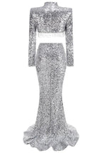 Silver sequin maxi dress with mock neck and fringe detail - View 8 | TEVQA