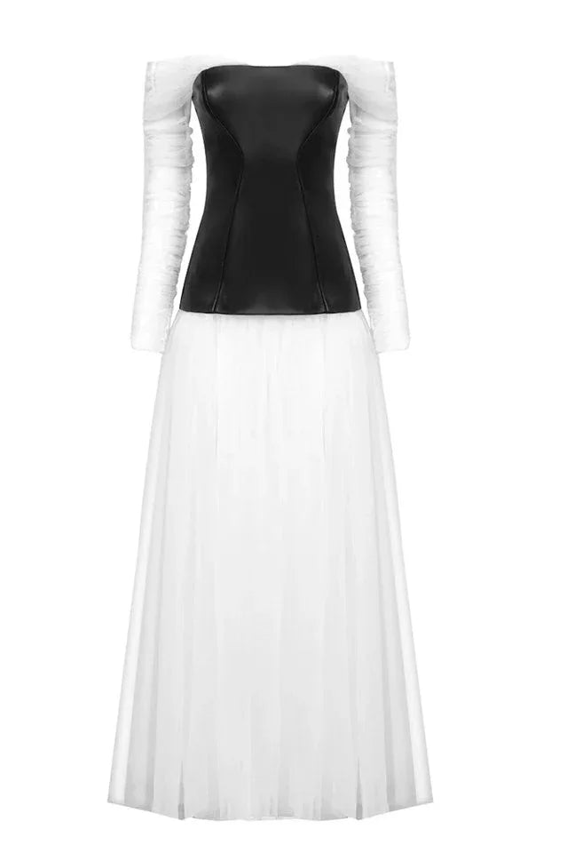 White mesh patchwork ballgown formal dress with off-the-shoulder neckline and long sheer sleeves - View 10 | TEVQA