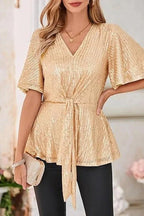 Sequin Peplum Top with Flutter Sleeves - View 8 | TEVQA