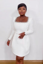 White crepe mini dress with embellished square neckline and long sleeves - View 10 | TEVQA