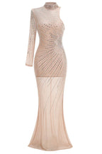 studio shot of a long, nude-colored, embellished dress with a high neck and one long sleeve