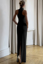 Floor length halter dress with gold trim - View 10 | TEVQA