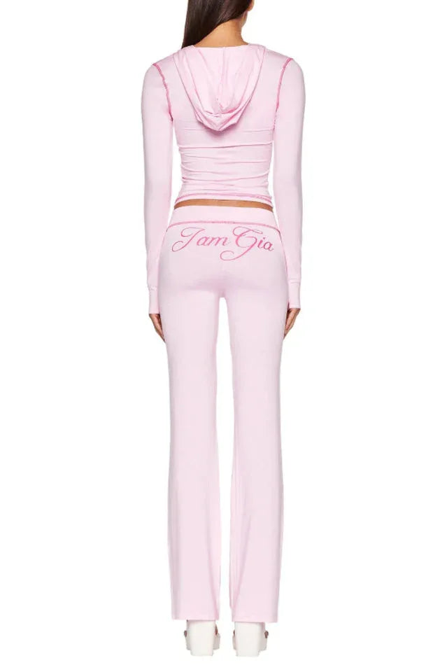 Fitted knit hoodie and trackpant set with V-neckline and thumbholes - View 8 | TEVQA