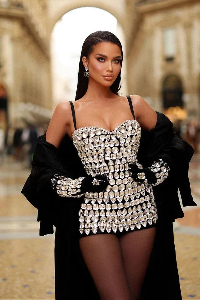 Brisbane Rhinestones Embellished Mini Dress - TEVQA
