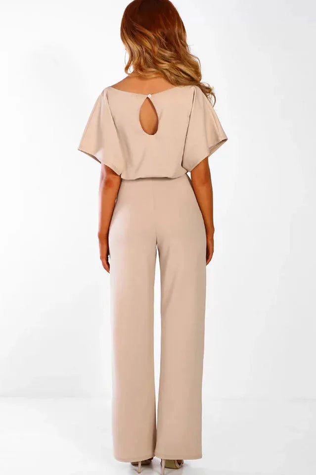 Wide leg jumpsuit with tie waist and boat neckline - View 9 | TEVQA
