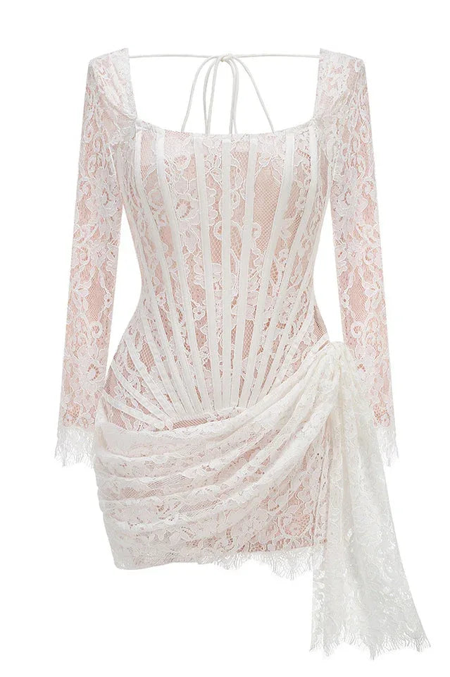 Lace Mini Dress with Square Neckline - View 9 | TEVQA