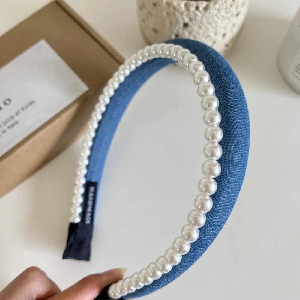 Classic Pearl Denim Headband - Preppy Hair Band