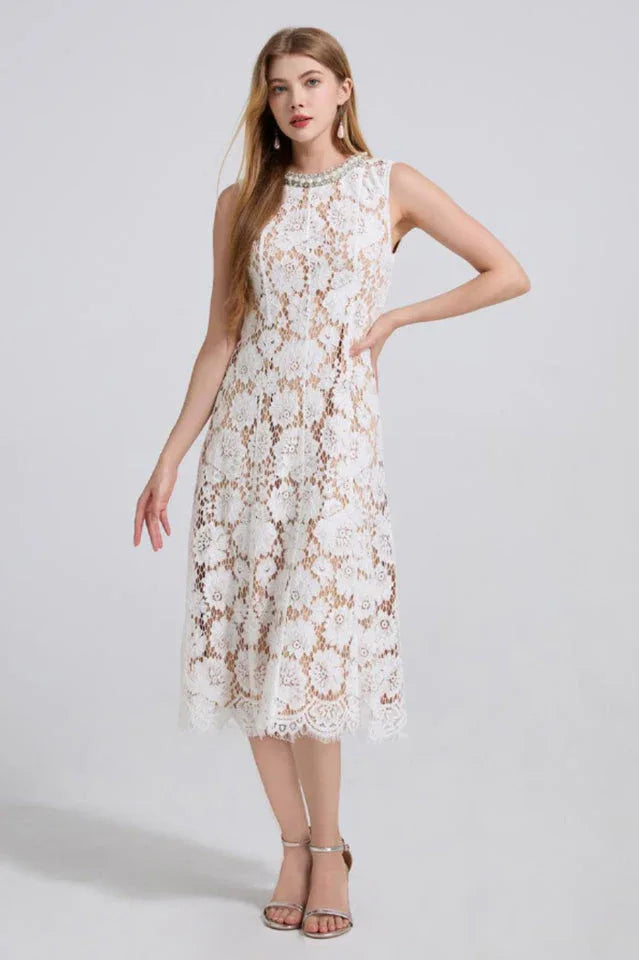 Ariana Floral Lace Sleeveless Midi Dress - TEVQA