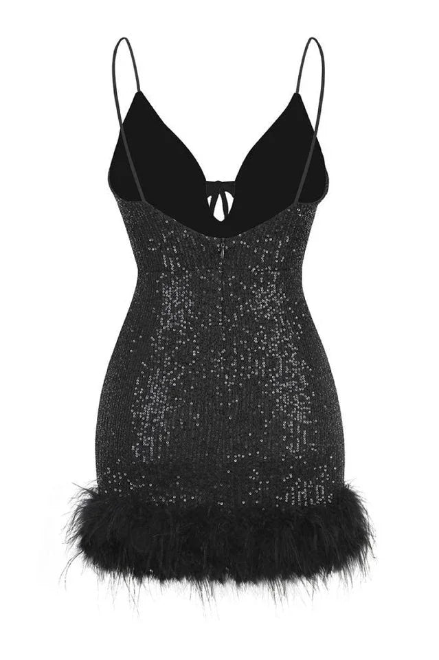 Mini Sequin Dress With Feather Trim - TEVQA