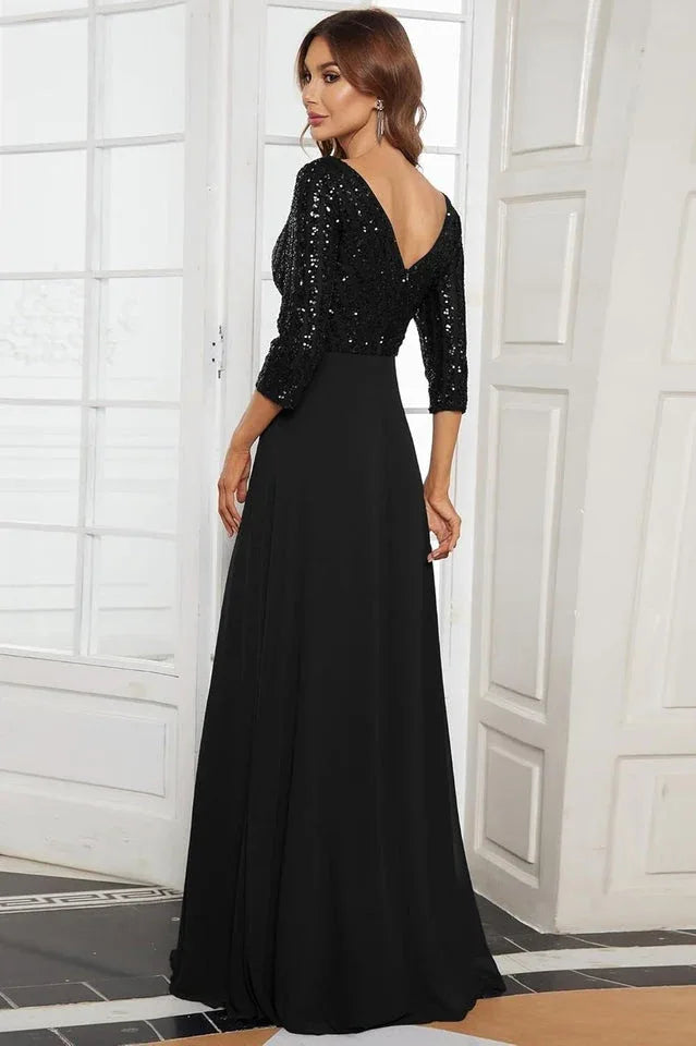 Sequined V-Neck Evening Gown - View 13 | TEVQA