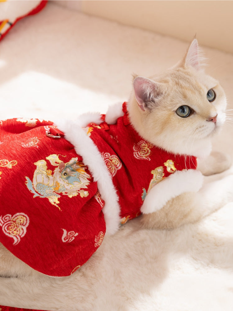 A light-colored cat lying down, wearing a red, festive dress with dragon patterns and white faux fur trim.