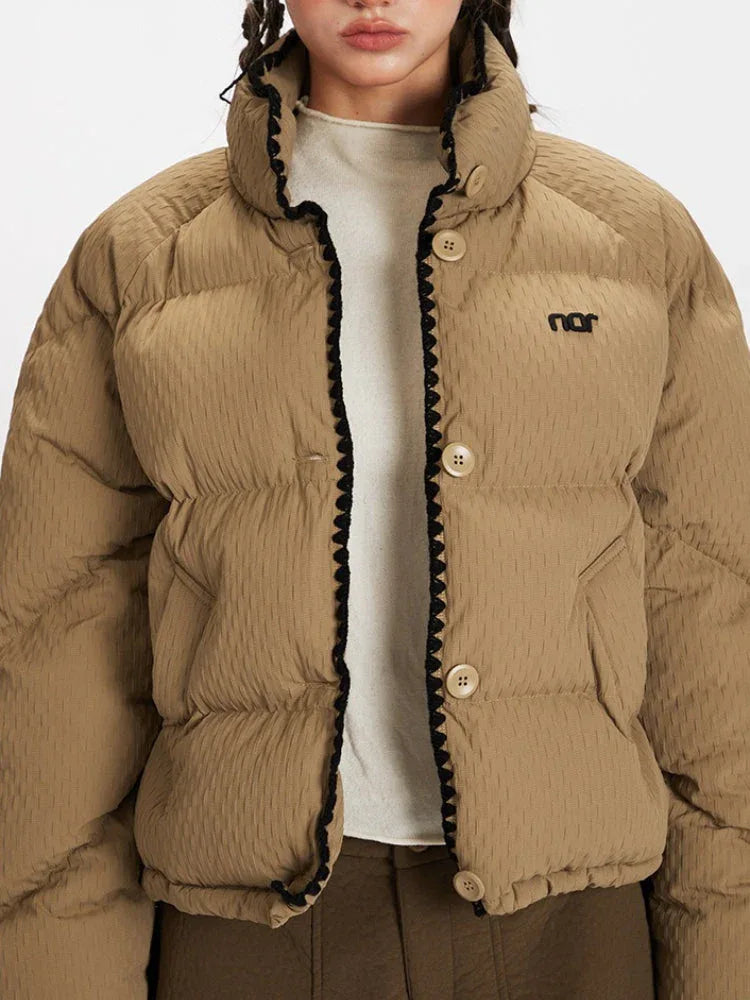 Textured Stand Collar Cropped Puffer Jacket - TEVQA