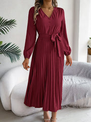 Vintage Khaki V-Neck Pleated Maxi Dress - TEVQA