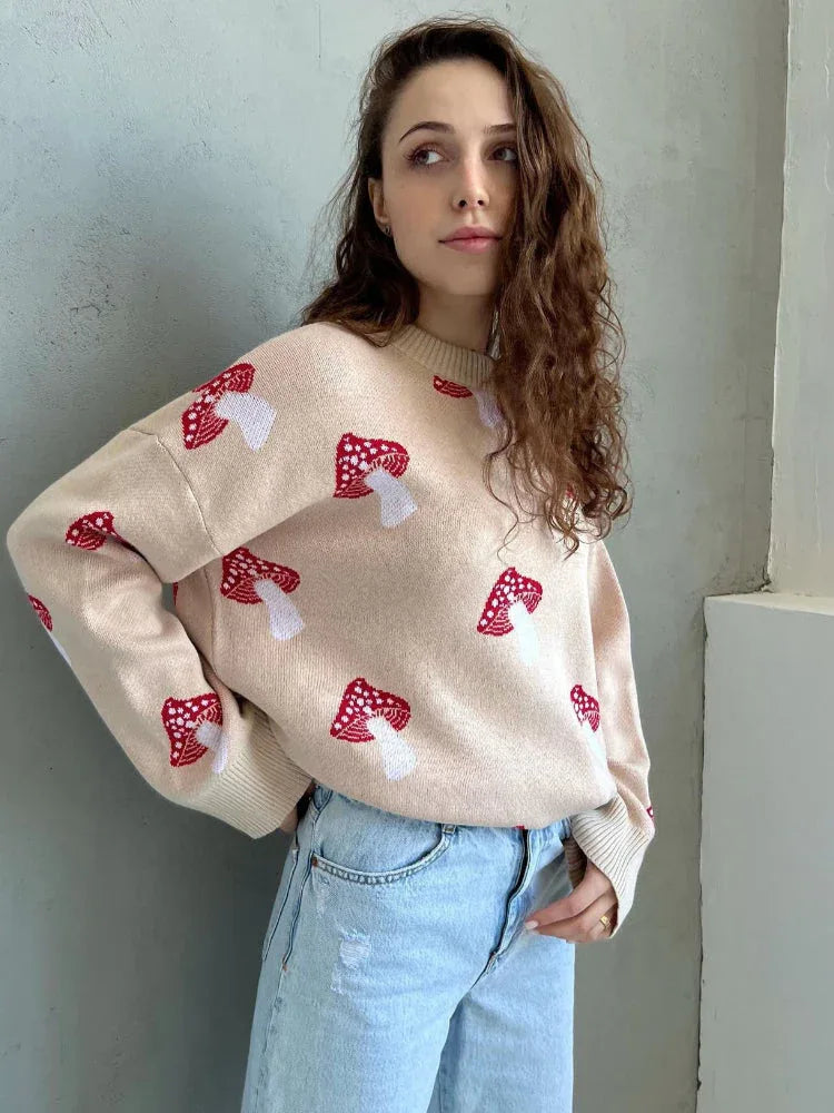 Whimsical Mushroom Oversized Crewneck Sweater - TEVQA