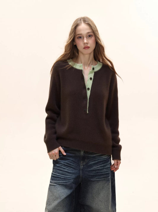Contrast Trim Button Front Loose Knit Sweater