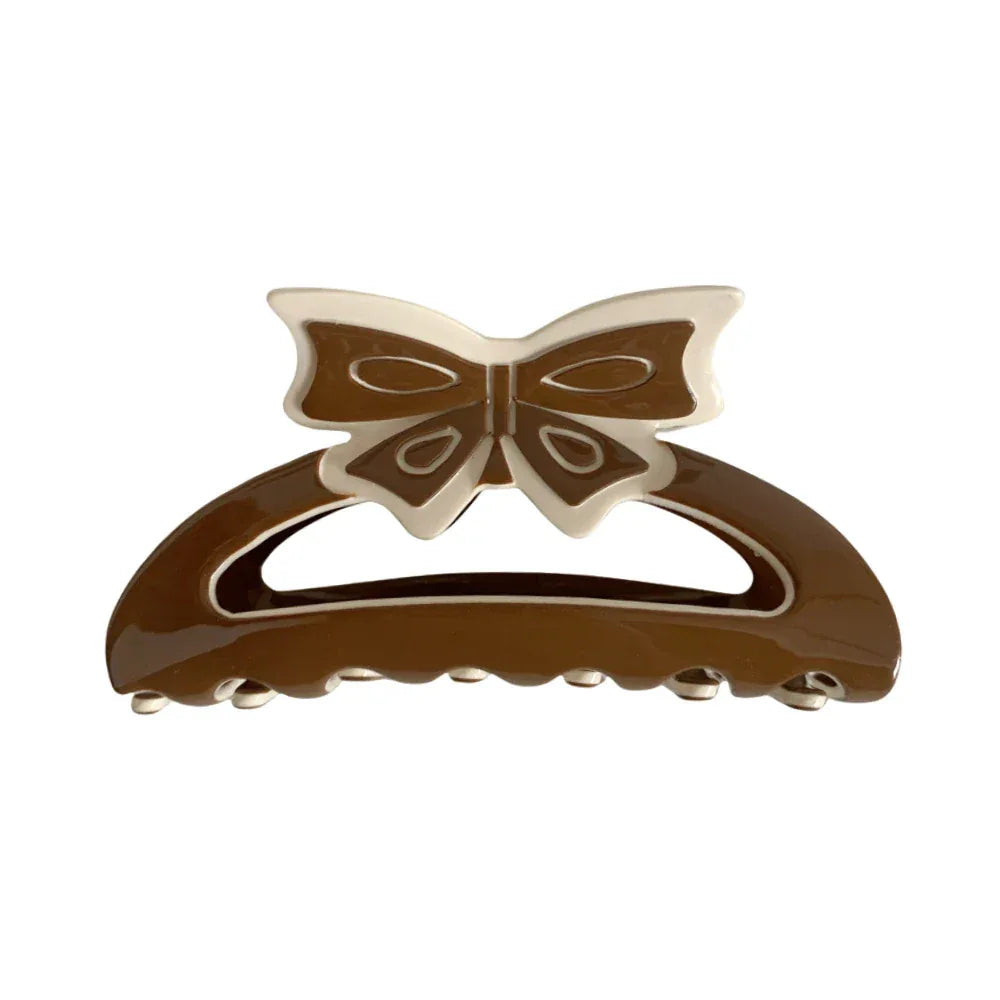 Brown and cream bow claw clip